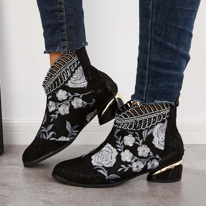 Retro Embroidered Flower Ankle Boots Block Heel Dress Booties