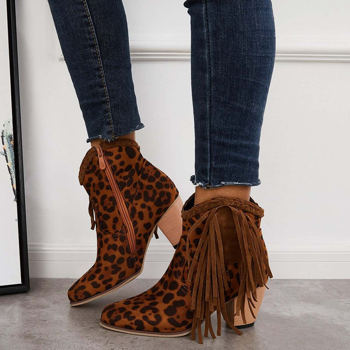 Leopard Western Ankle Cowboy Boots Fringe Chunky Heel Booties