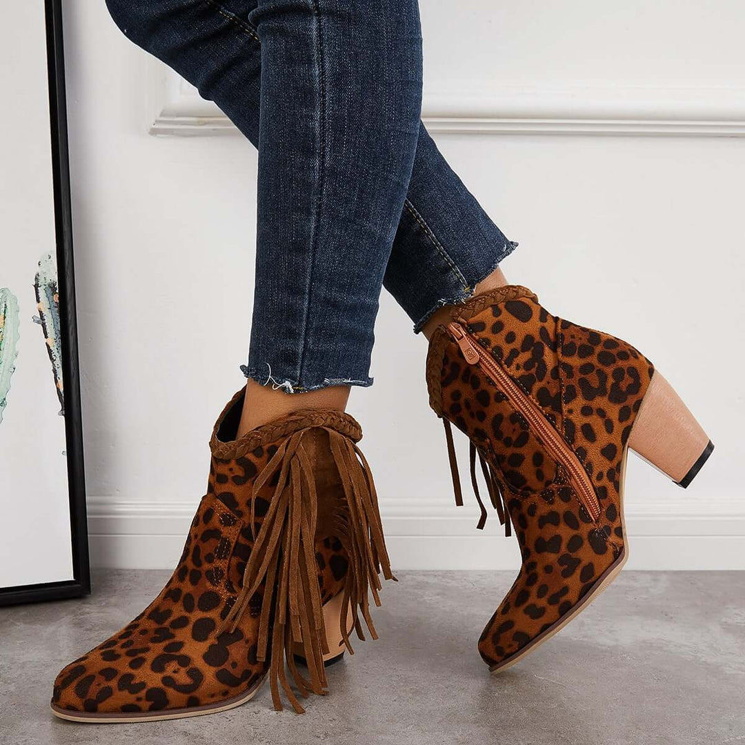Leopard Western Ankle Cowboy Boots Fringe Chunky Heel Booties