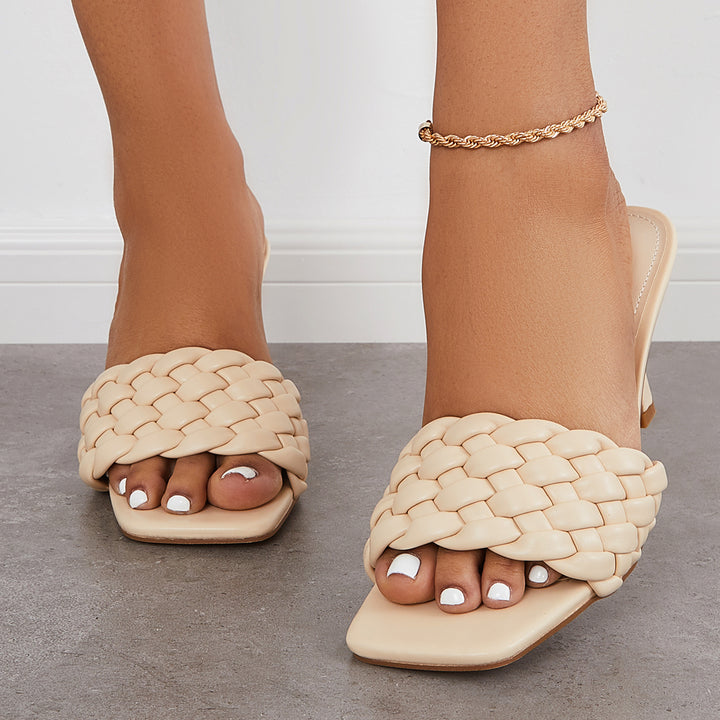 Braided Stiletto Heel Mules Square Toe Slip on Sandals