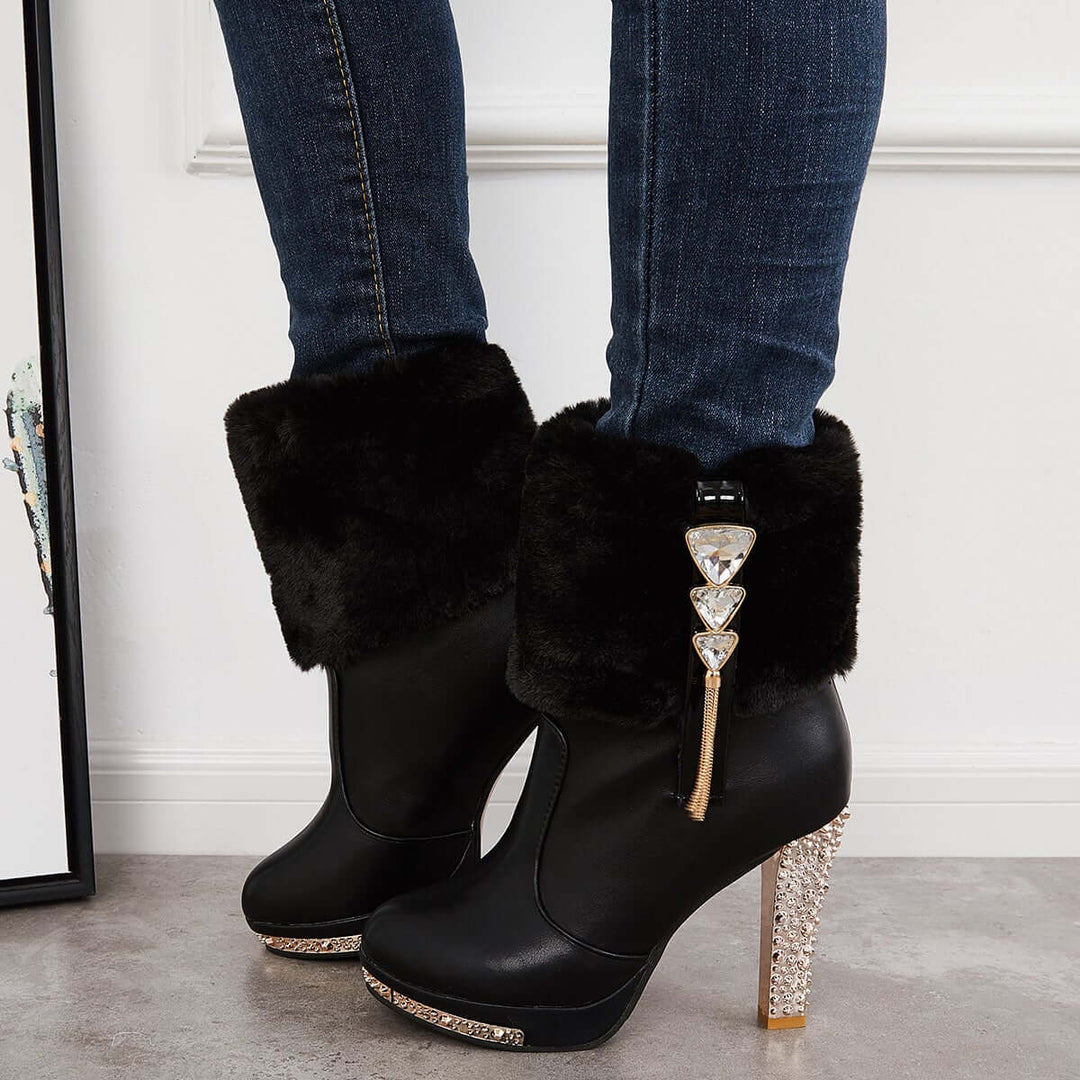 Rhinestone Faux Fur Lined Ankle Boots Chunky High Heel Booties