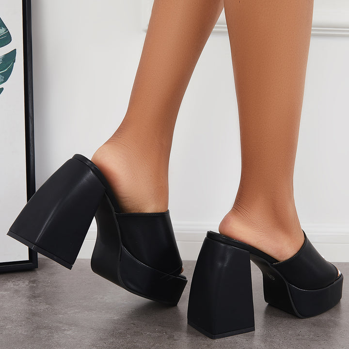 Platform Chunky High Heel Sandals Square Toe Slide Mule Shoes