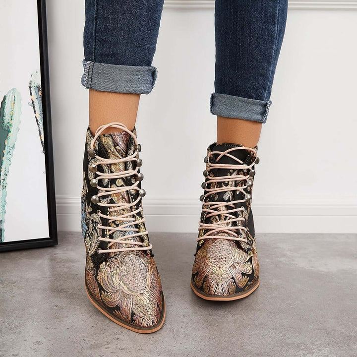 Retro Embroidered Cowboy Ankle Boots Block Heel Western Booties
