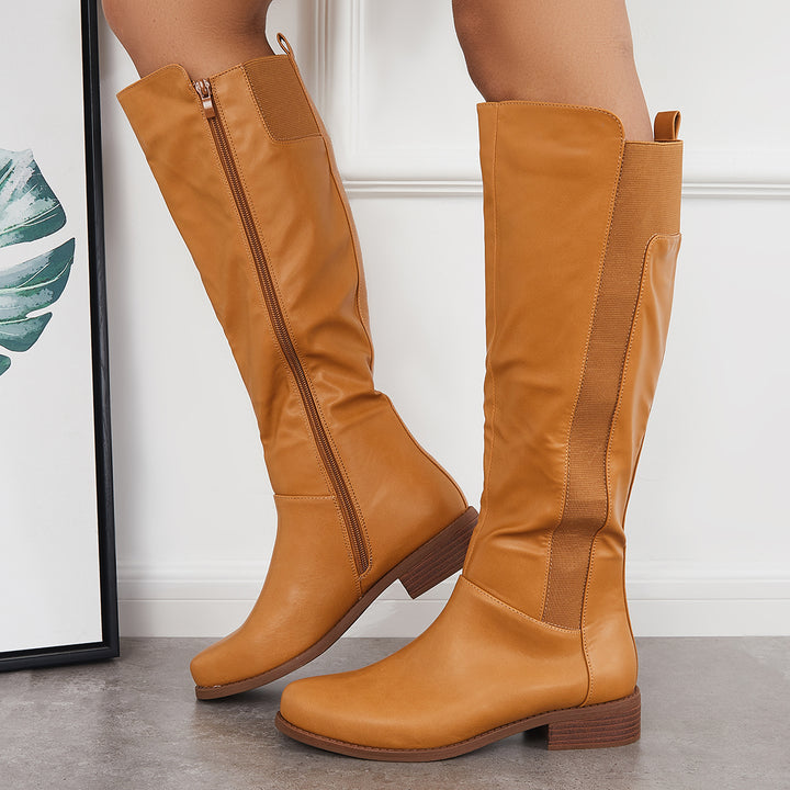 Knee High Riding Boots Chunky Block Heel Side Zip Tall Boots