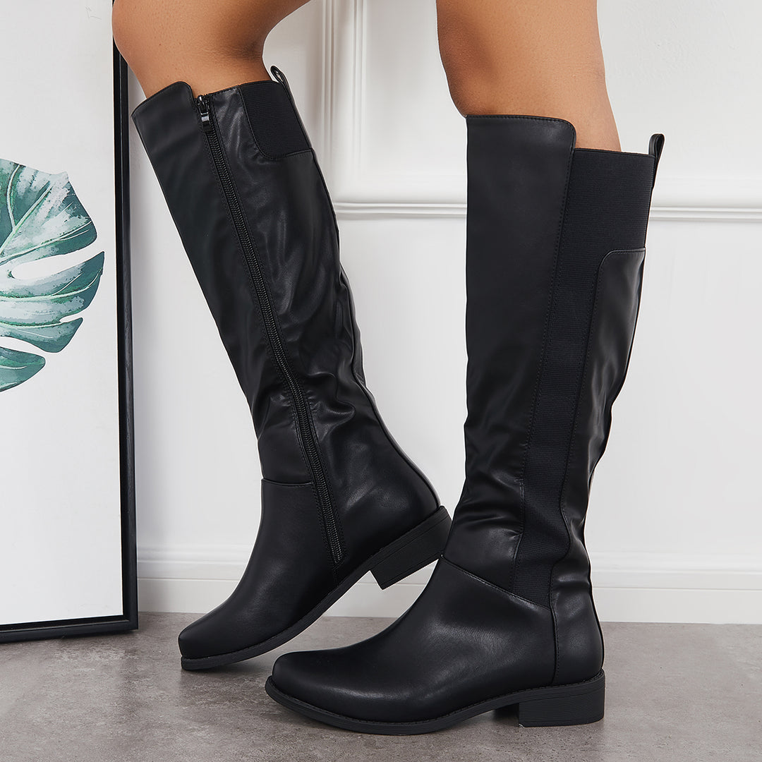 Knee High Riding Boots Chunky Block Heel Side Zip Tall Boots