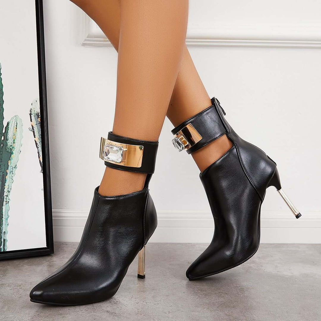Pointed Toe Stiletto High Heels Back Zipper Ankle Boots