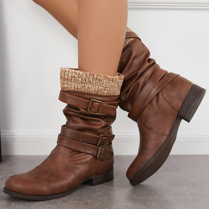 Winter Slouchy Mid Calf Boots Chunky Block Heel Riding Booties