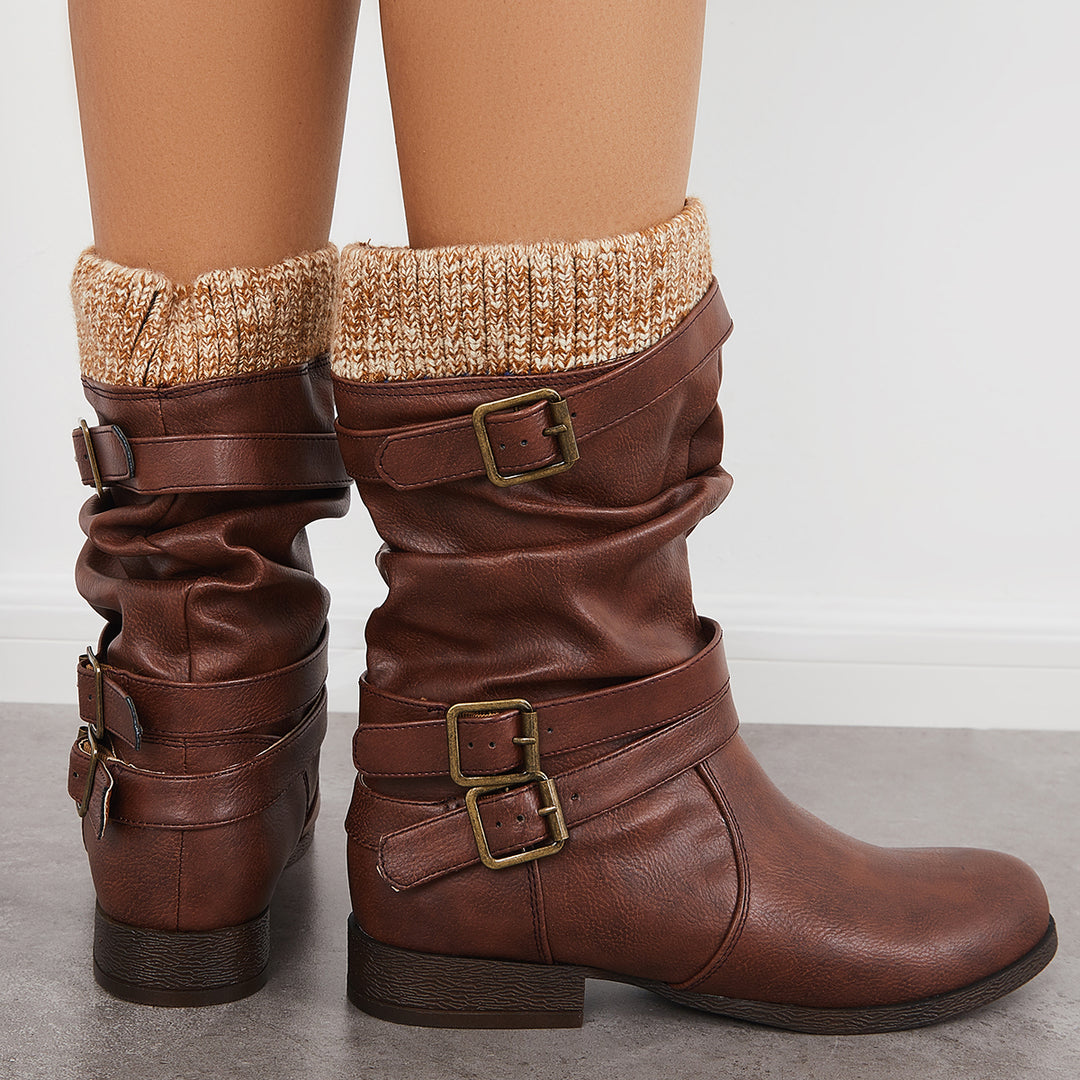 Winter Slouchy Mid Calf Boots Chunky Block Heel Riding Booties