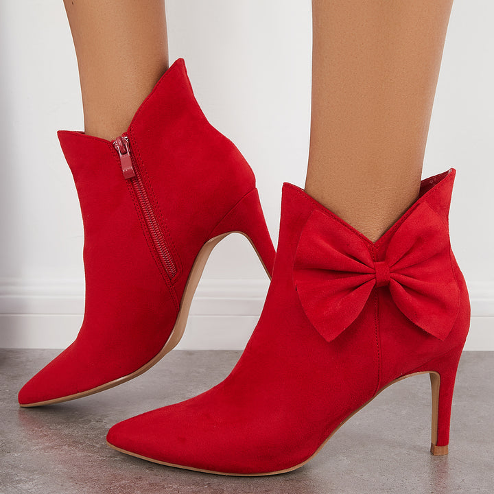 Pointed Toe Bow Ankle Boots Side Zipper Stiletto Heel Booties