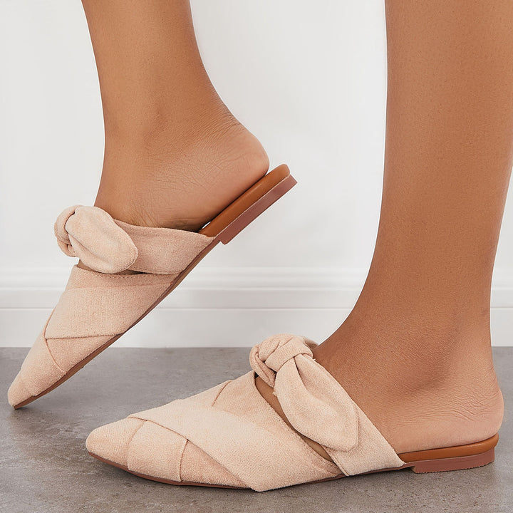 Bowknot Flat Mules Pointed Toe Slip on Backless Flat Shoes