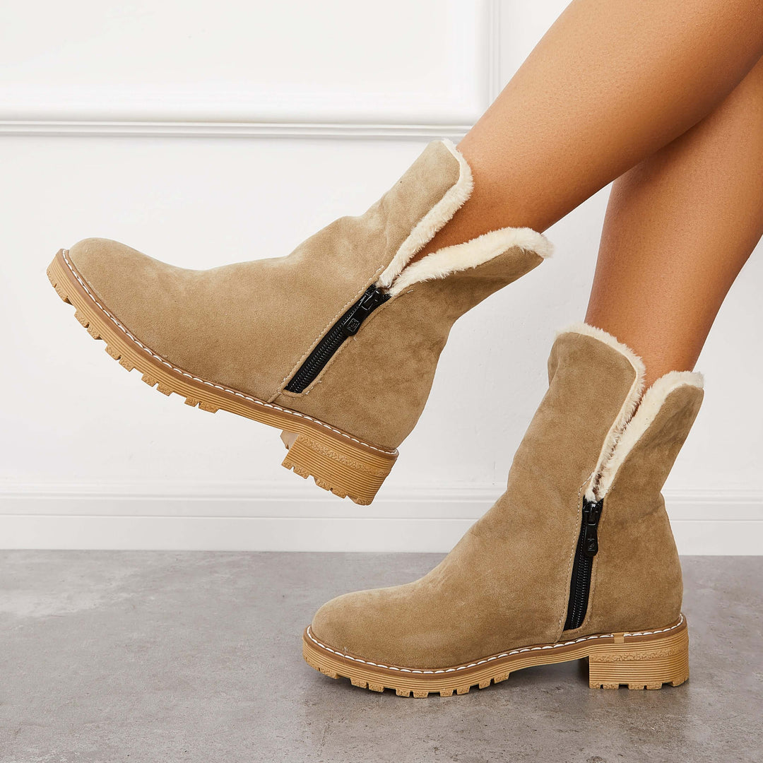 Warm Fur Lined Snow Boots Blow Heel Winter Ankle Booties
