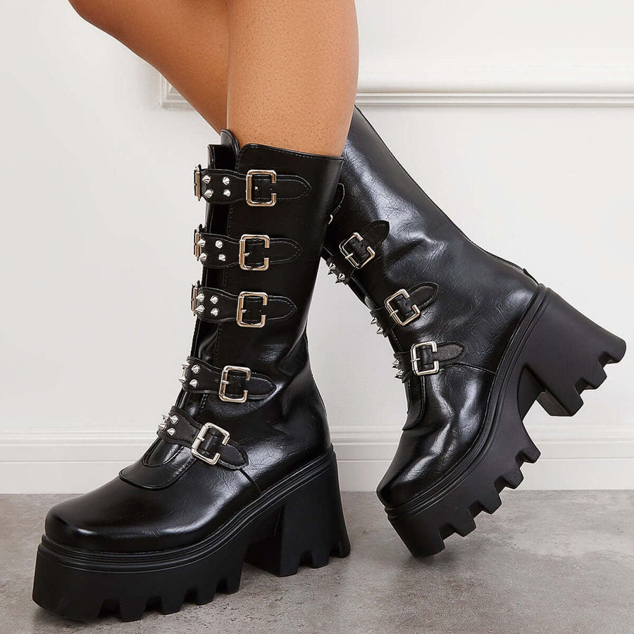 Gothic Chunky Platform High Heel Boots Lug Sole Mid Calf Boots – Tinstree