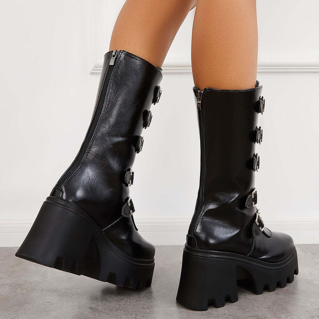 Gothic Chunky Platform High Heel Boots Lug Sole Mid Calf Boots