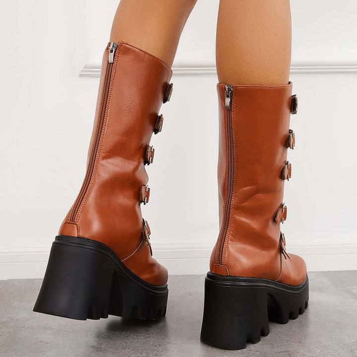 Gothic Chunky Platform High Heel Boots Lug Sole Mid Calf Boots