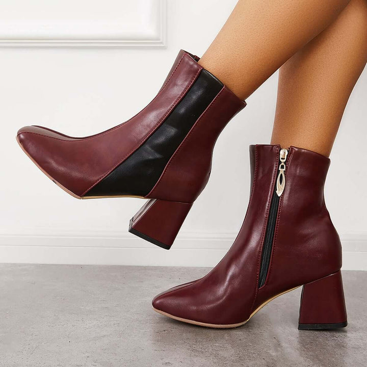 Square Toe Chunky Block Heel Ankle Boots Tow Tone Booties