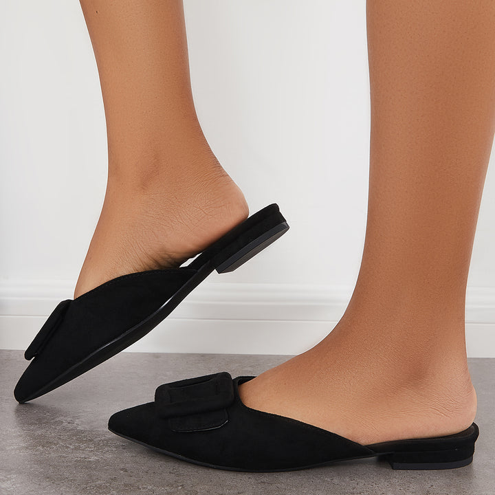Pointed Toe Buckle Flat Mules Slip on Low Heel Backless Loafers