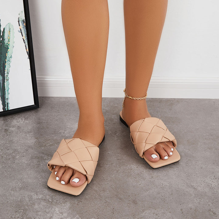 Square Toe Woven Flat Slippers Slip on Slide Sandals