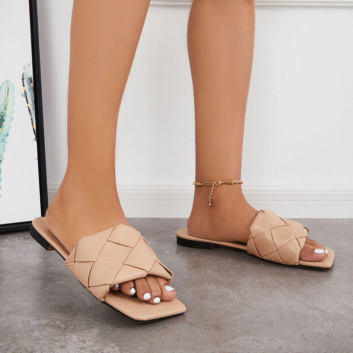 Square Toe Woven Flat Slippers Slip on Slide Sandals