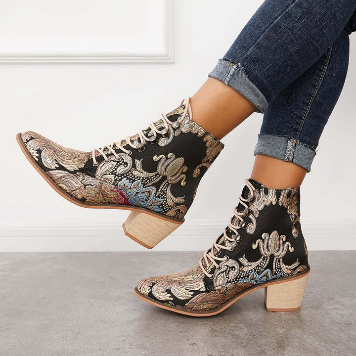 Retro Embroidered Cowboy Ankle Boots Block Heel Western Booties