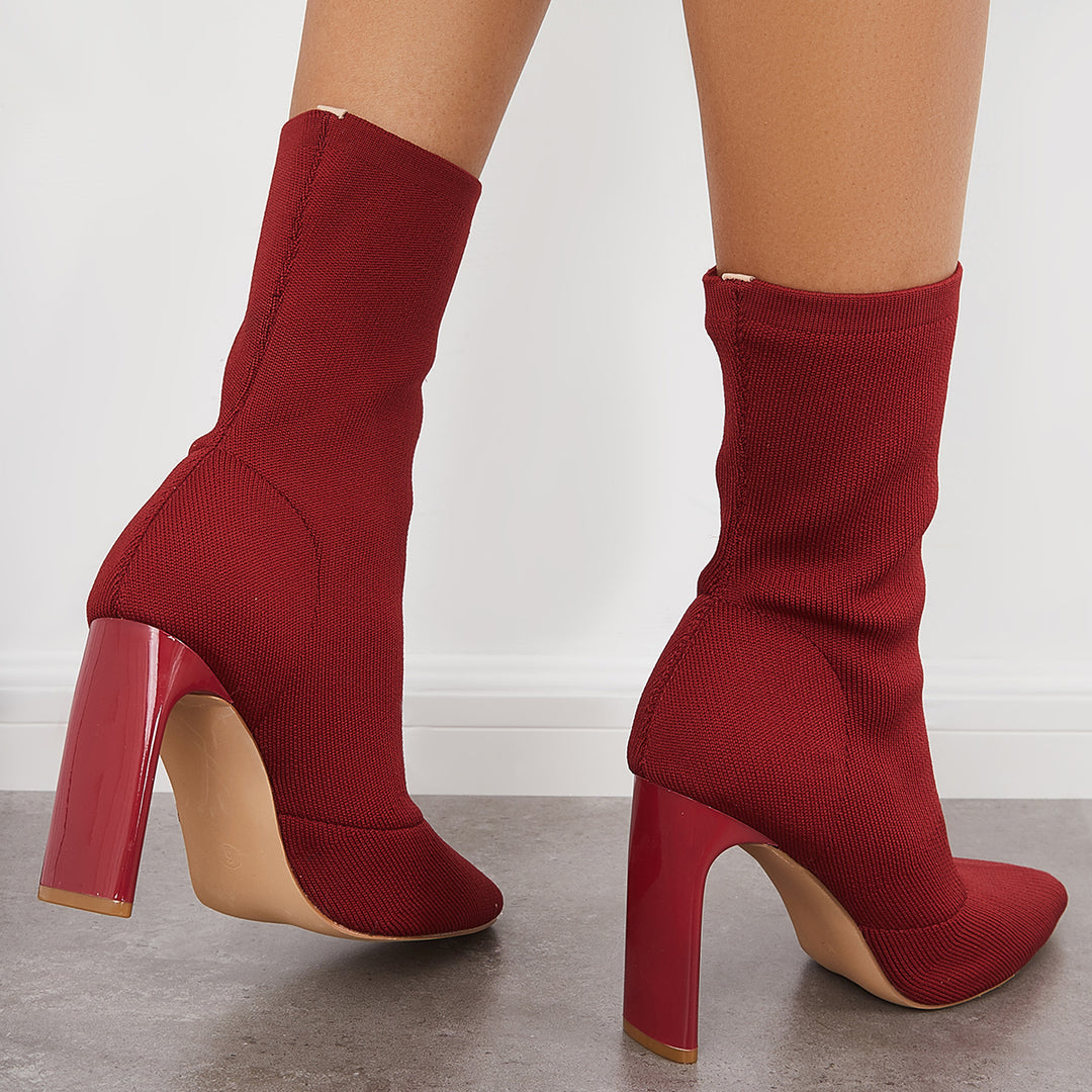 Stretch Knit Sock Boots Pointed Toe Chunky High Heel Dress Boots