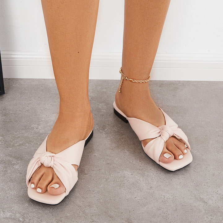 Square Toe Slide Sandals Bow Cross Flat Slippers