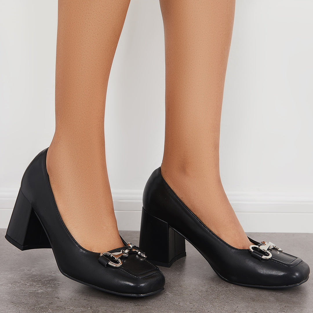 Women Heeled Loafers Square Toe Chunky Heel Office Pumps
