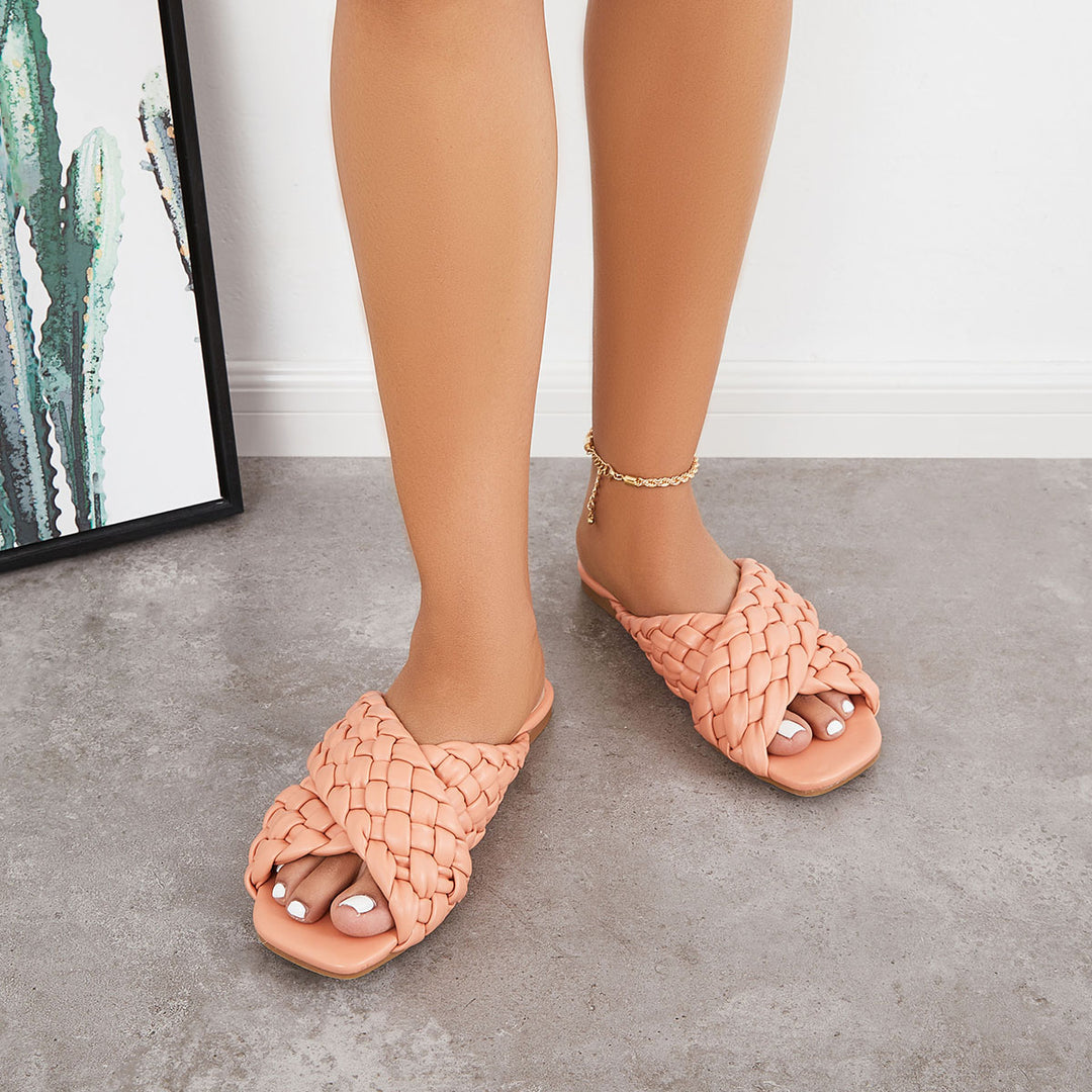 Criss Cross Braided Woven Slippers Flat Slide Sandals