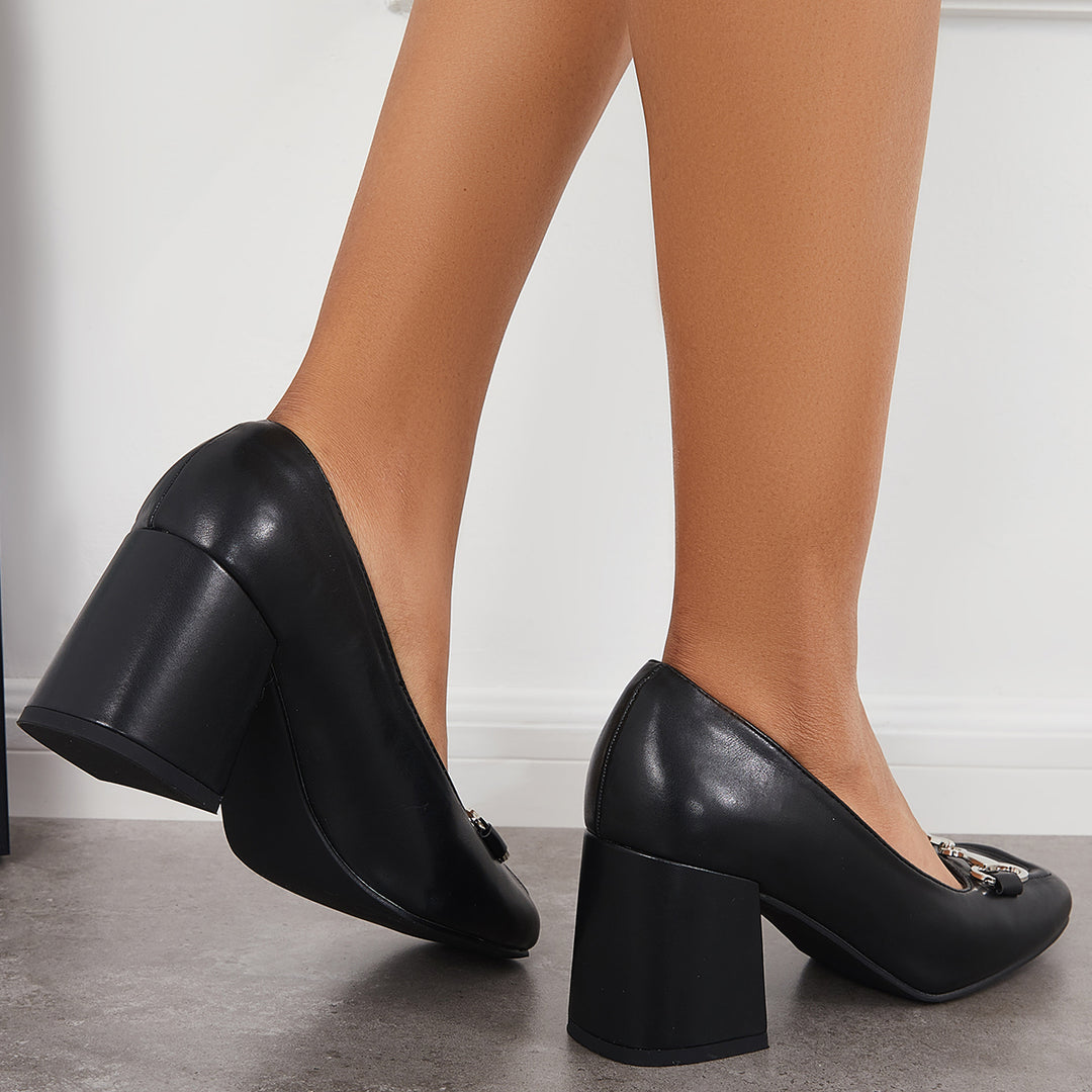 Women Heeled Loafers Square Toe Chunky Heel Office Pumps