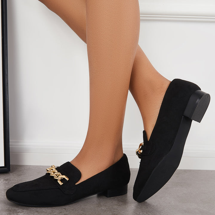 Square Toe Loafers Block Low Heel Slip on Dress Shoes