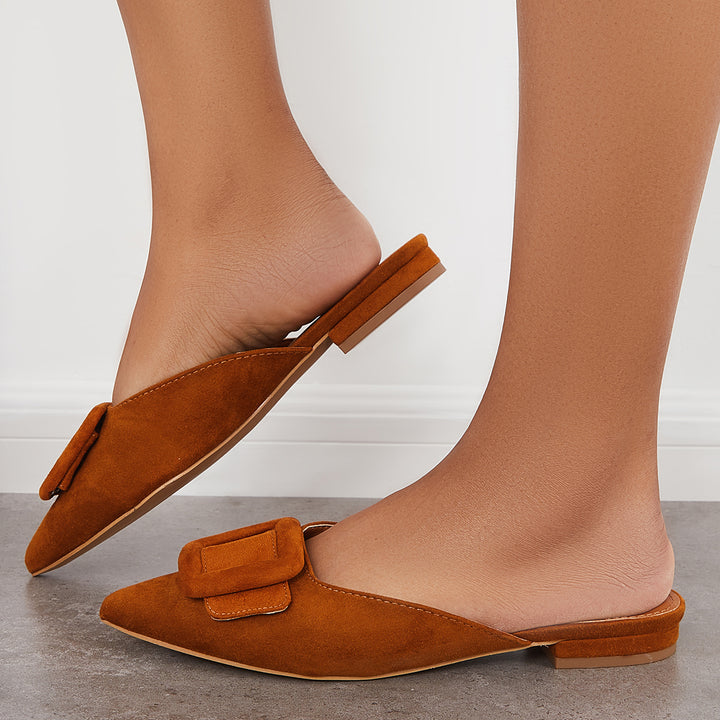 Pointed Toe Buckle Flat Mules Slip on Low Heel Backless Loafers