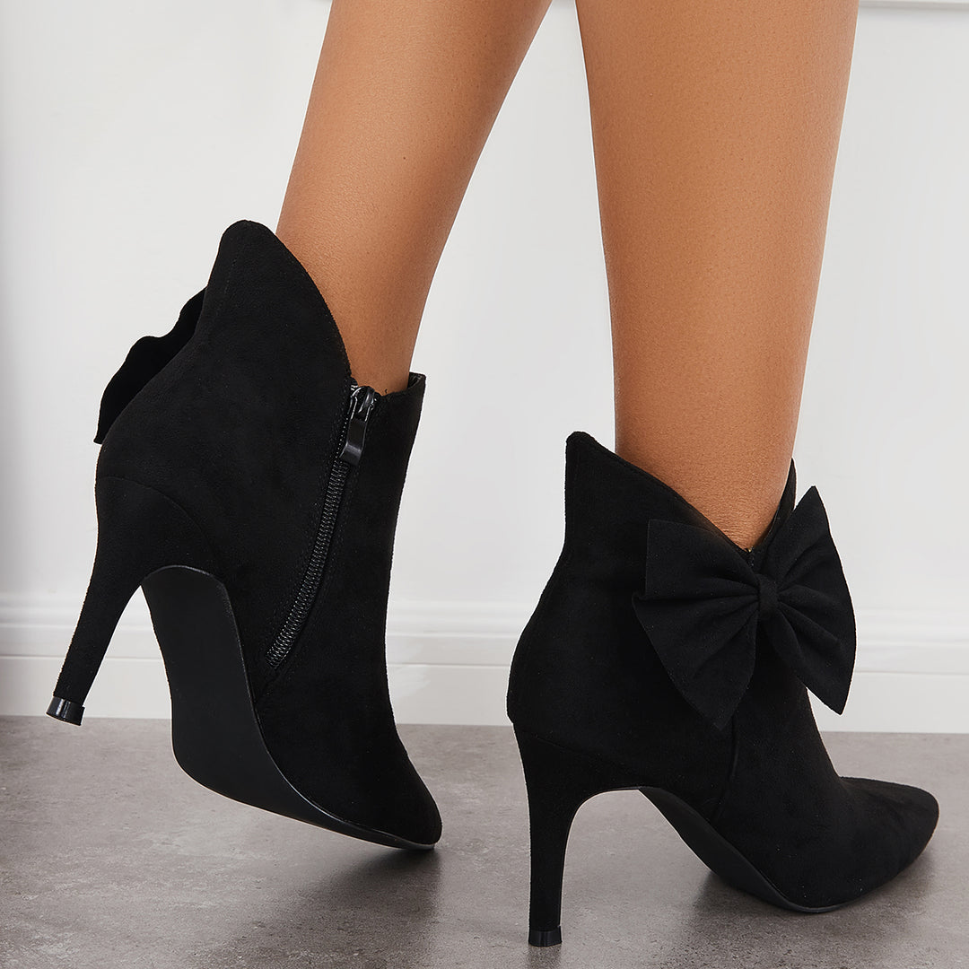 Pointed Toe Bow Ankle Boots Side Zipper Stiletto Heel Booties