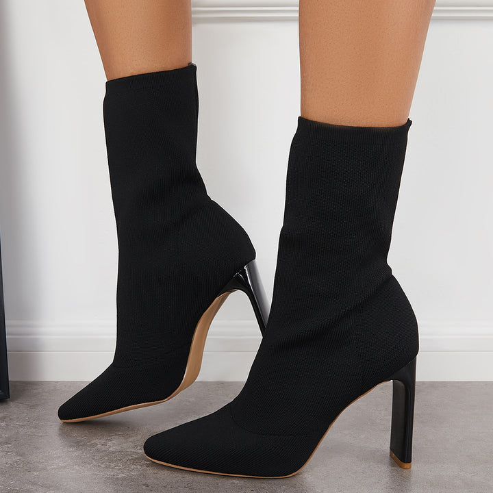 Stretch Knit Sock Boots Pointed Toe Chunky High Heel Dress Boots