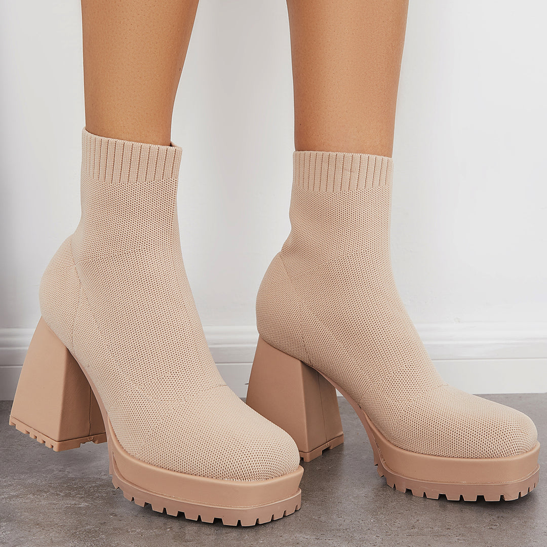 Chunky Platform Sole Block Heel Ankle Boots Knit Sock Booties