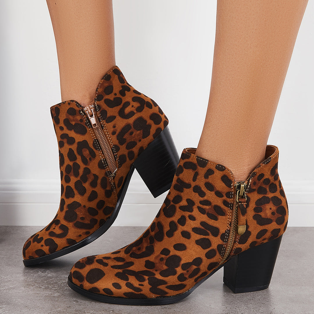 Chunky Stacked Heel Ankle Boots Side Zipper Western Booties