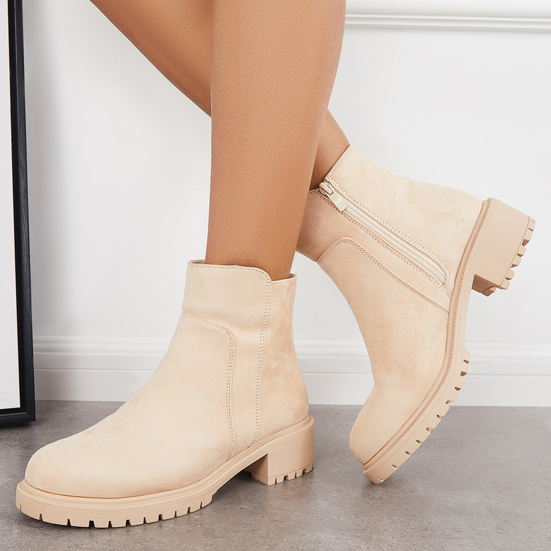 Lug Sole Chelsea Ankle Boots Zipper Up Platform Chunky Heel Booties