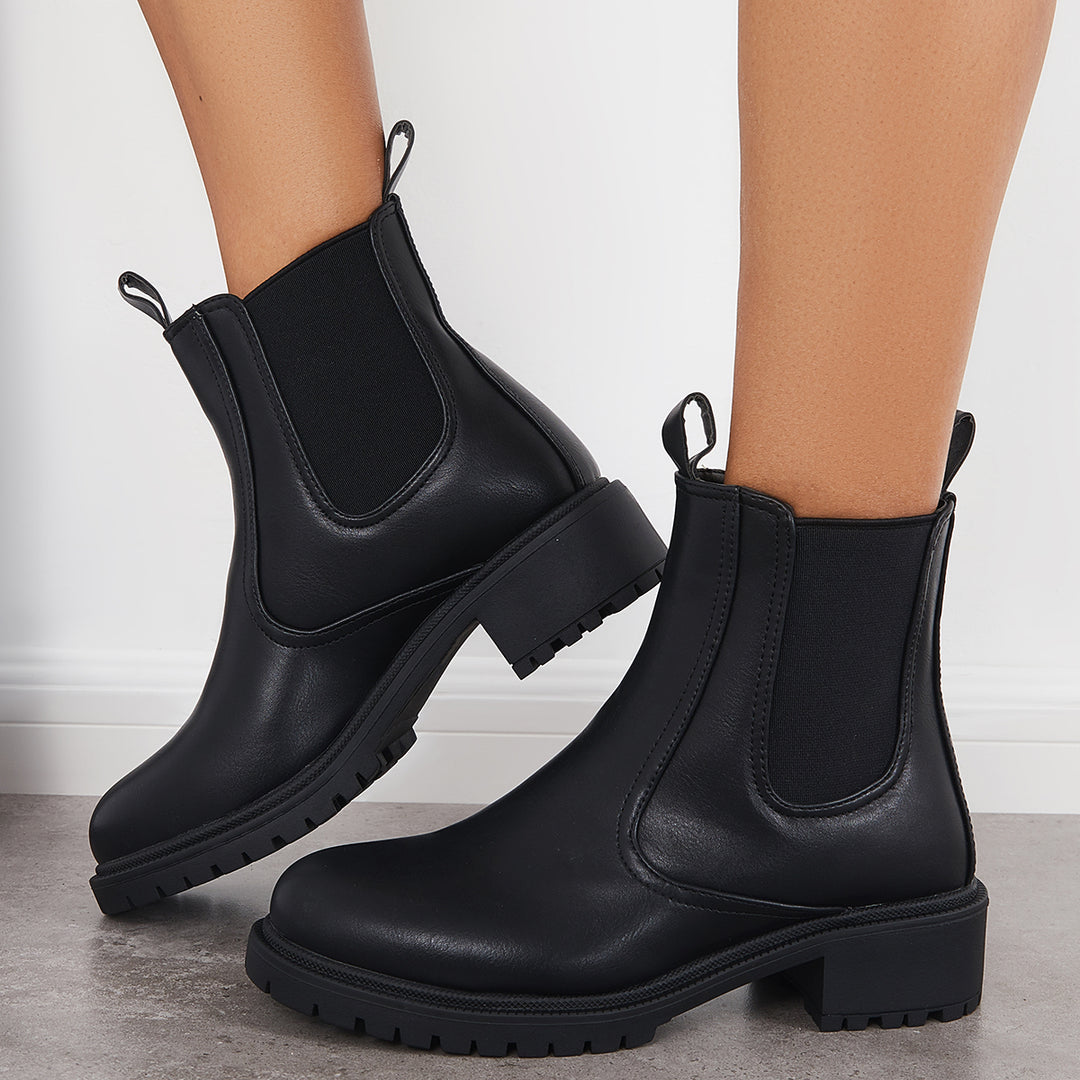 Chelsea Lug Sole Ankle Boots Pull on Chunky Heel Booties
