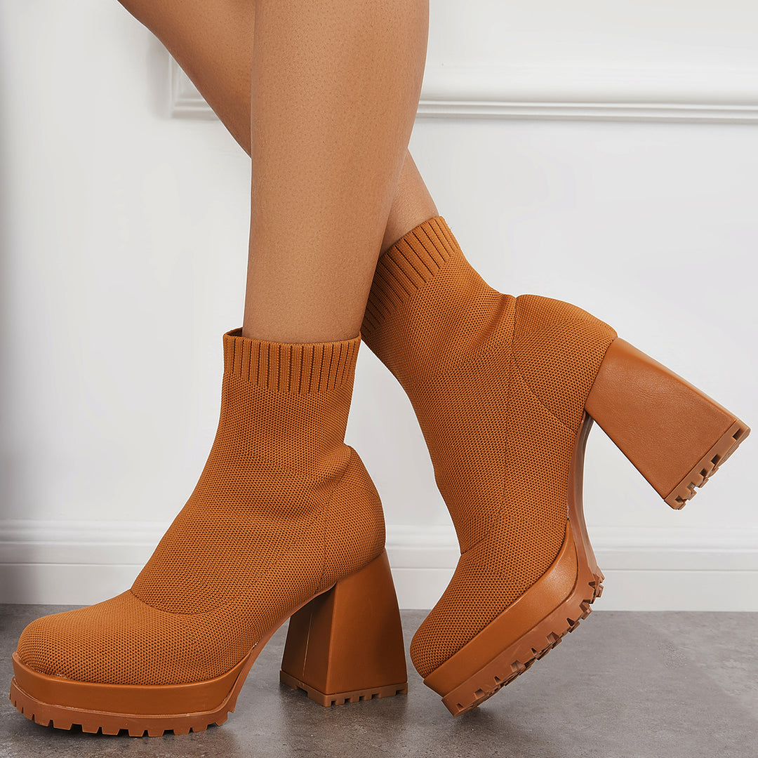 Chunky Platform Sole Block Heel Ankle Boots Knit Sock Booties