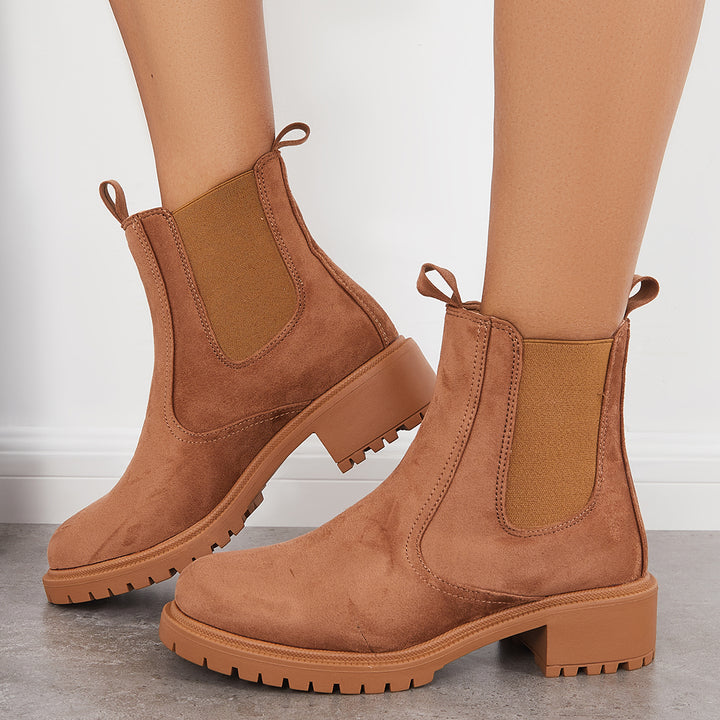 Chelsea Lug Sole Ankle Boots Pull on Chunky Heel Booties