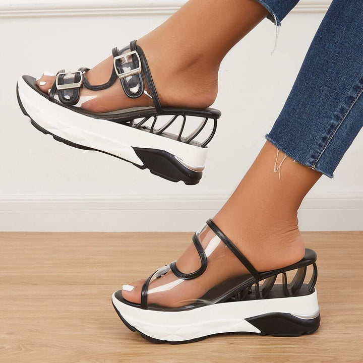 Clear Slip On Wedge Sandals Double Buckle Slide Slippers