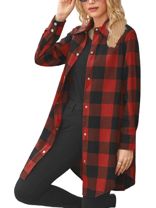 Women's Button Down Plaid Long Sleeve Collared Spring Long Jacket Tops