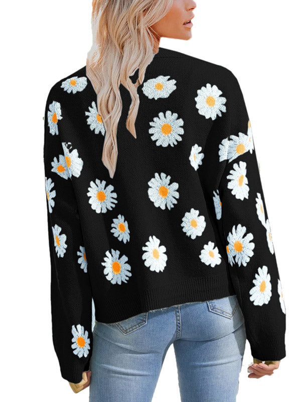Womens Floral Print Cardigans Soft Long Sleeve Button Knit Outerwear Sweaters