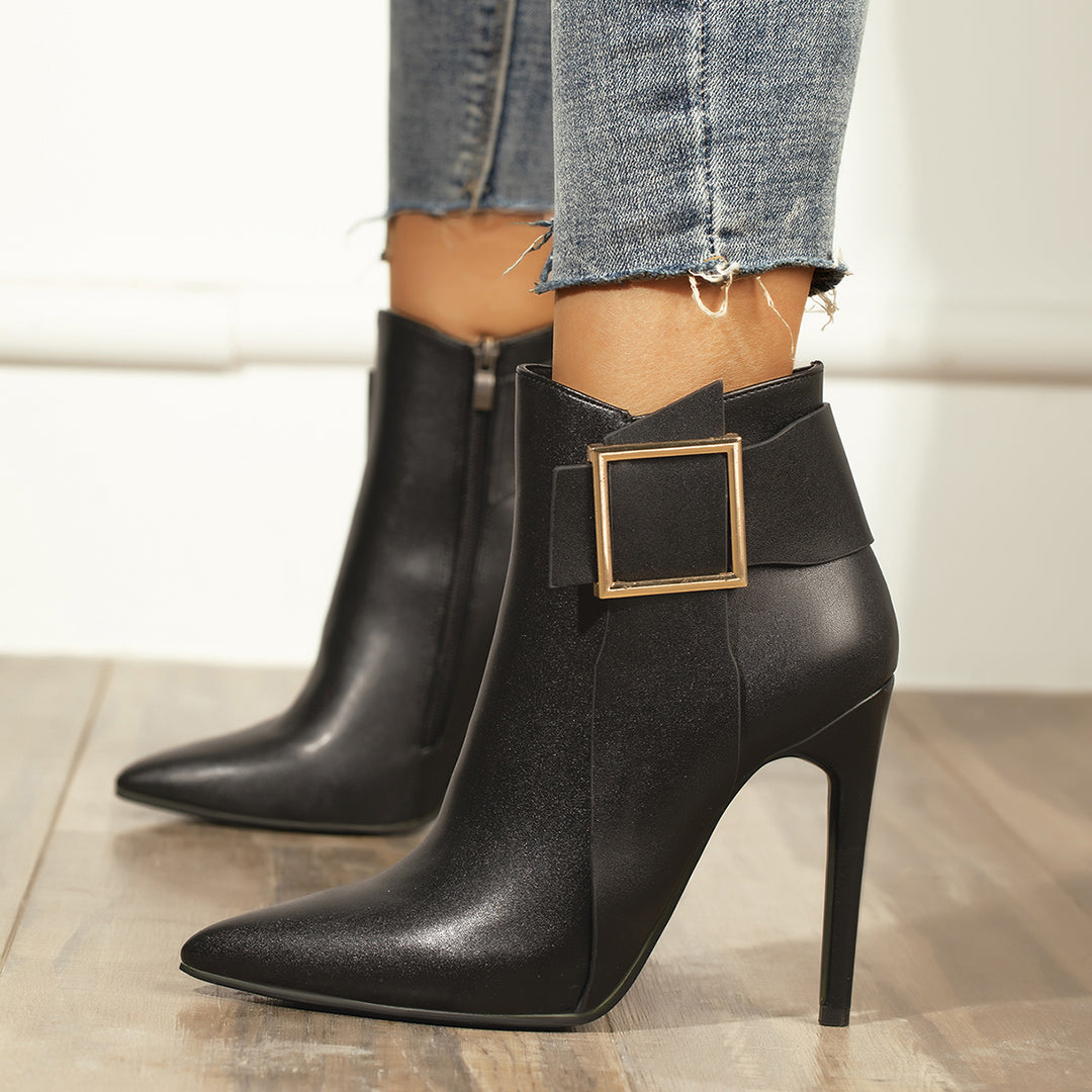 Black Stiletto Heel Ankle Boots Pointed Toe Side Zipper Booties