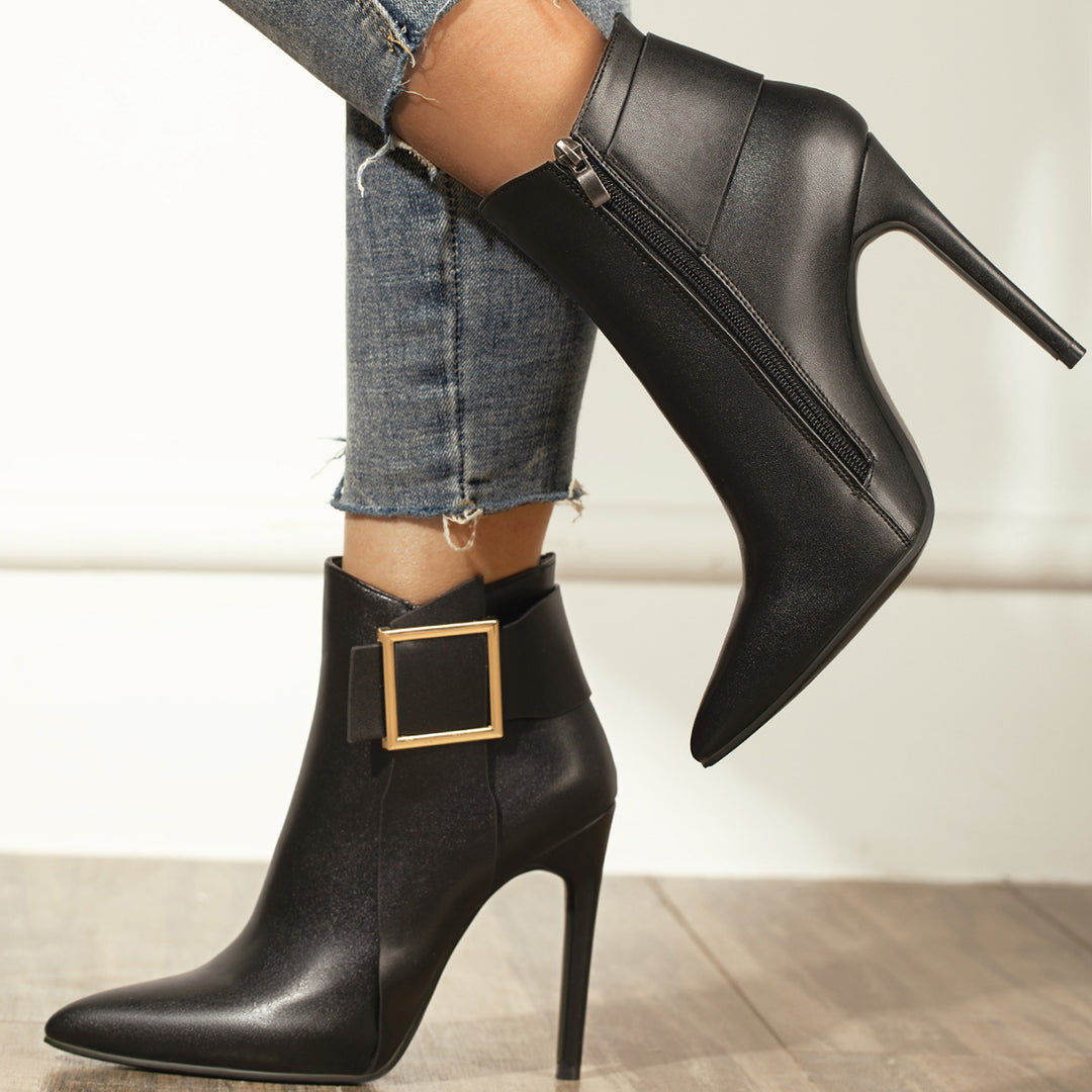 Black Stiletto Heel Ankle Boots Pointed Toe Side Zipper Booties
