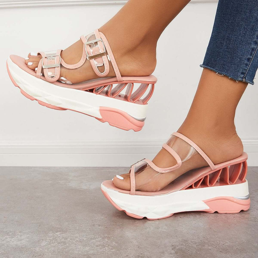 Clear Slip On Wedge Sandals Double Buckle Slide Slippers