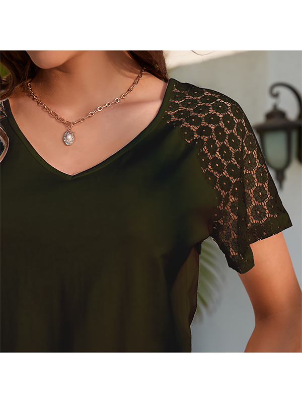 Short Sleeve Lace V Neck Loose Pullover Hollow-Out Blouses