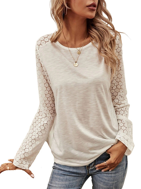 Women Lace Long Sleeve Crewneck Pullover Sweatshirts Loose Fit Tunic Tops