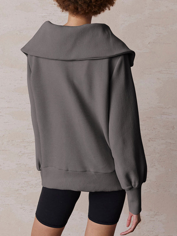 Women Casual Half Zip Pullover Sweatshirts Lapel Collar Solid Long Sleeve Tops