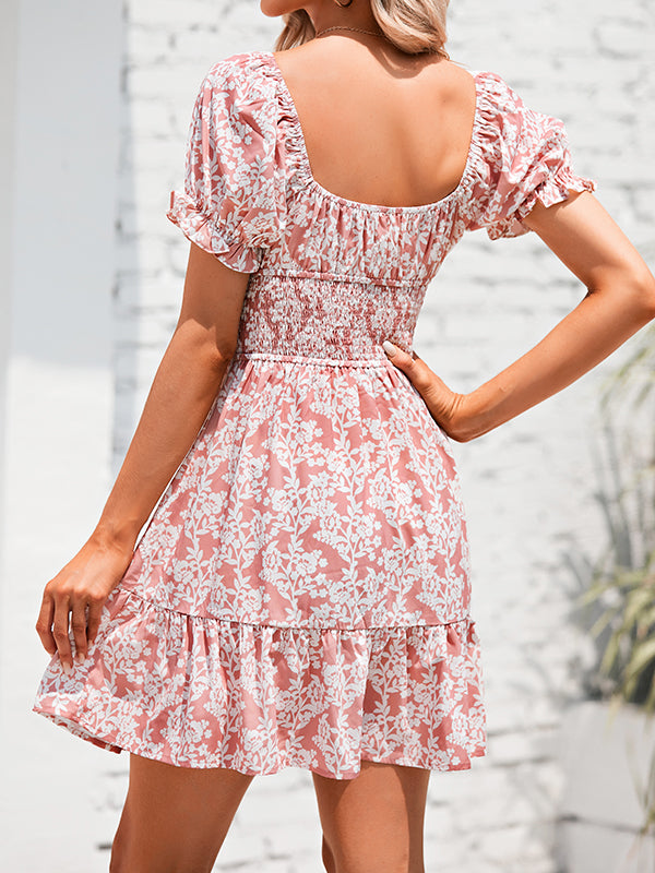 Womens Summer Dress Puff Sleeve Smocked Floral Print Ruffle Swing Mini Dress