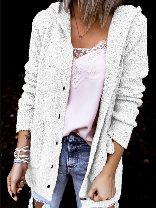 Women Fuzzy Knit Cardigans Cozy Popcorn Hoodie Open Front Long Sleeve Sweater Coat