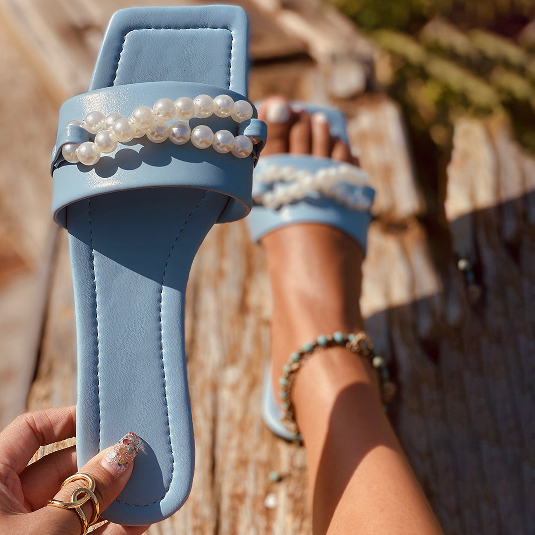 Pearl Decor Square Toe Slippers Flat Slide Sandals